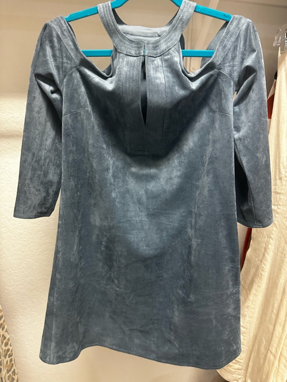 BCBGMaxAzria Slate Blue Cold-Shoulder Faux Suede Shift Dress